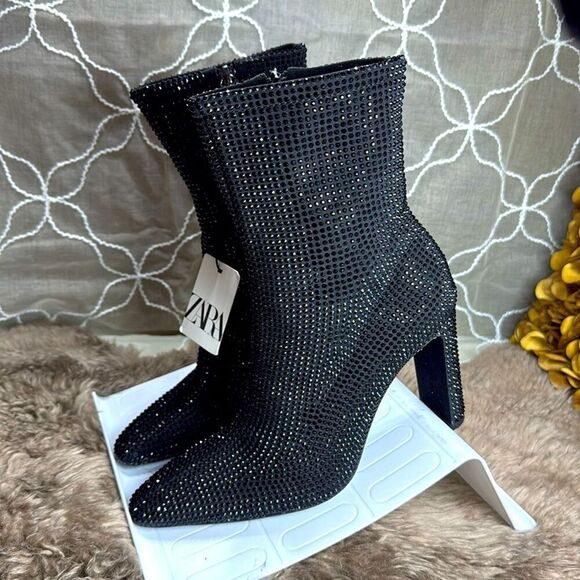 (W2) ZARA‎ Women's Black Rhinestone Heeled Ankle Boots Size 37/6.5US - Picture 2 of 12